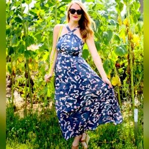 CAbi Aurora Abstract Floral Watercolor Halter Maxi Dress Size 12